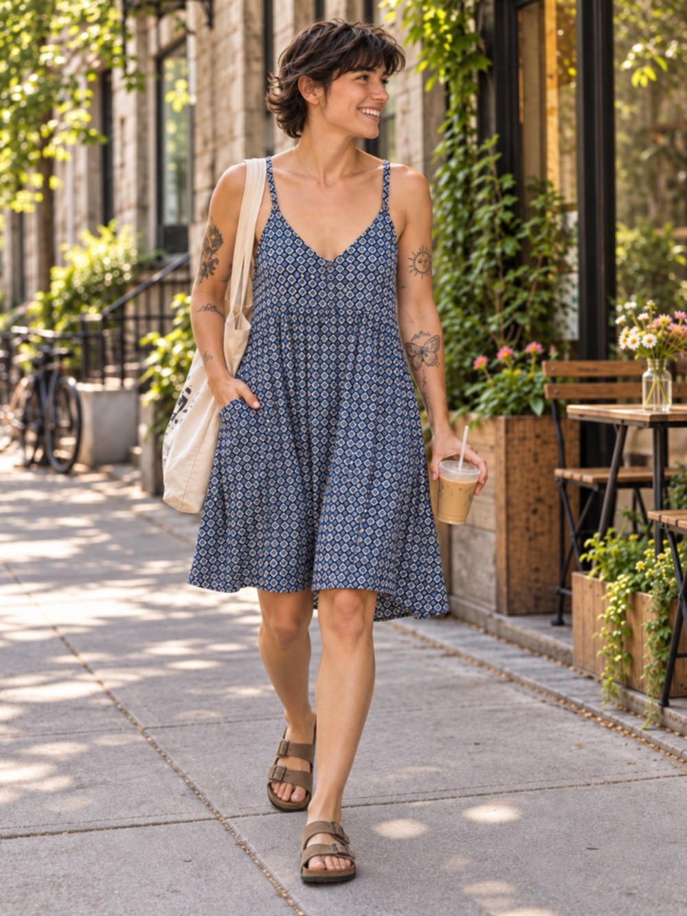 Blue Geometric Print Strappy Sundress with Pockets – Small